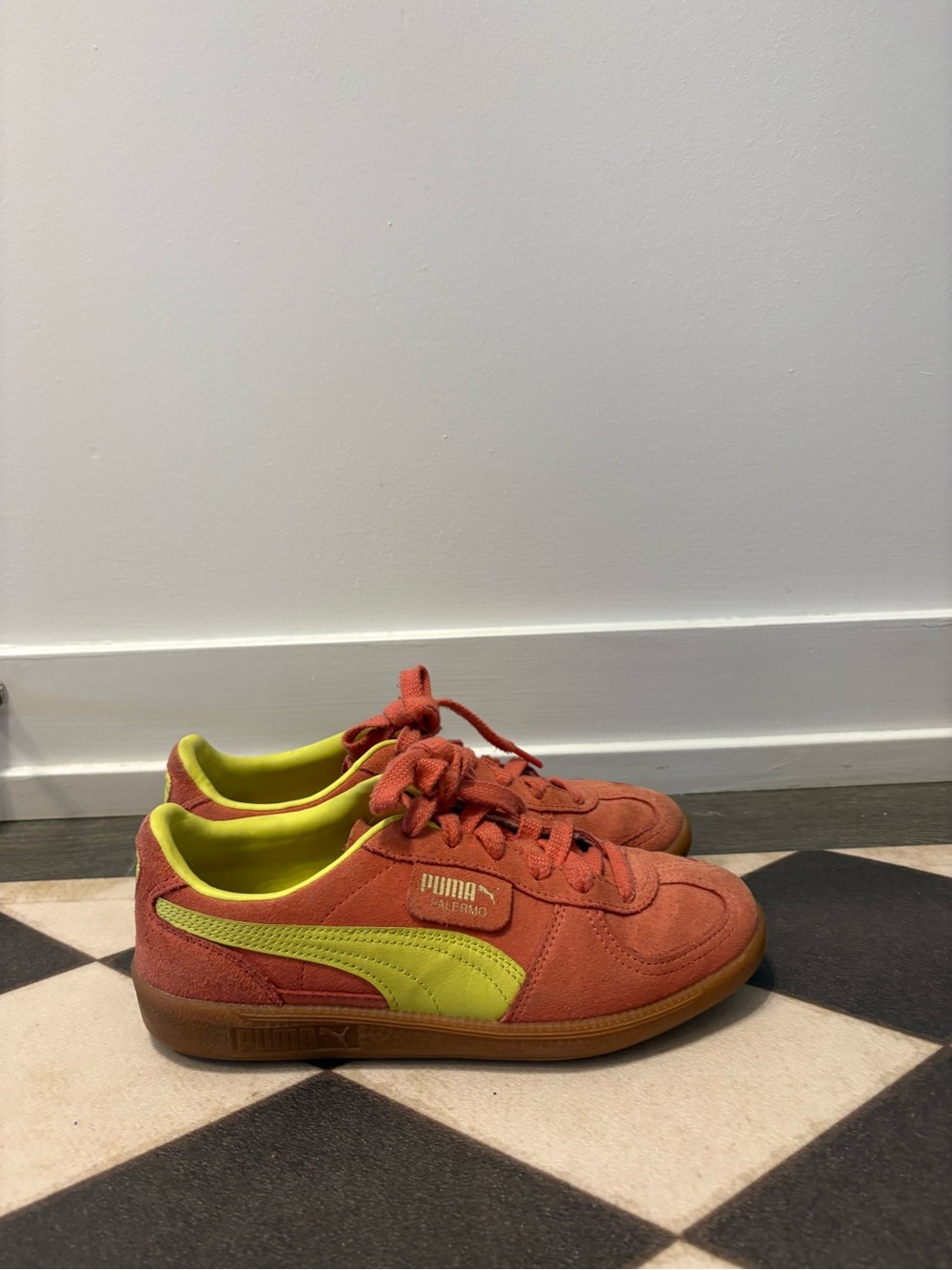 Puma Orange Suede Sneakers with Neon Yellow Accents